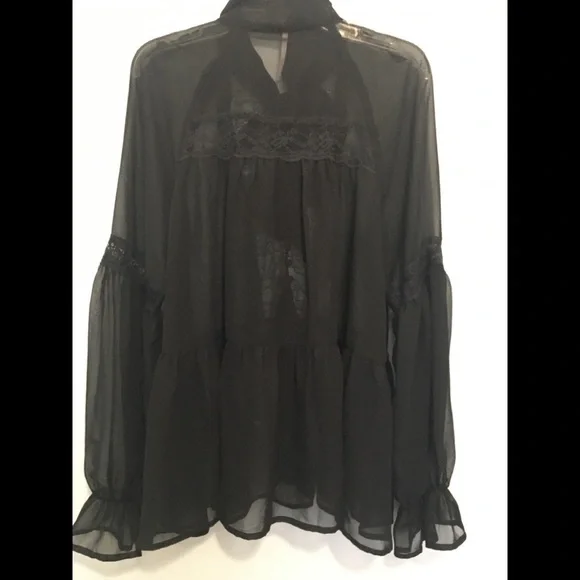 10. Free People Black Sheer Peasant Neck Tie Blouse S - Picture 5 of 8